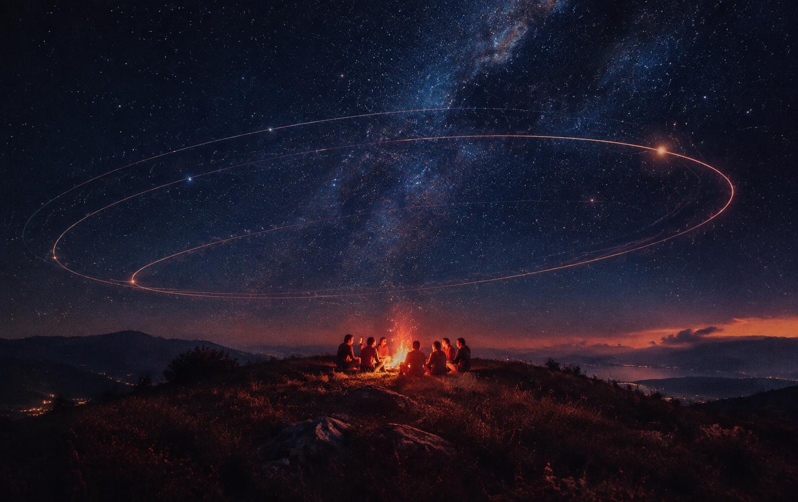Friends around a campfire under orbiting stars